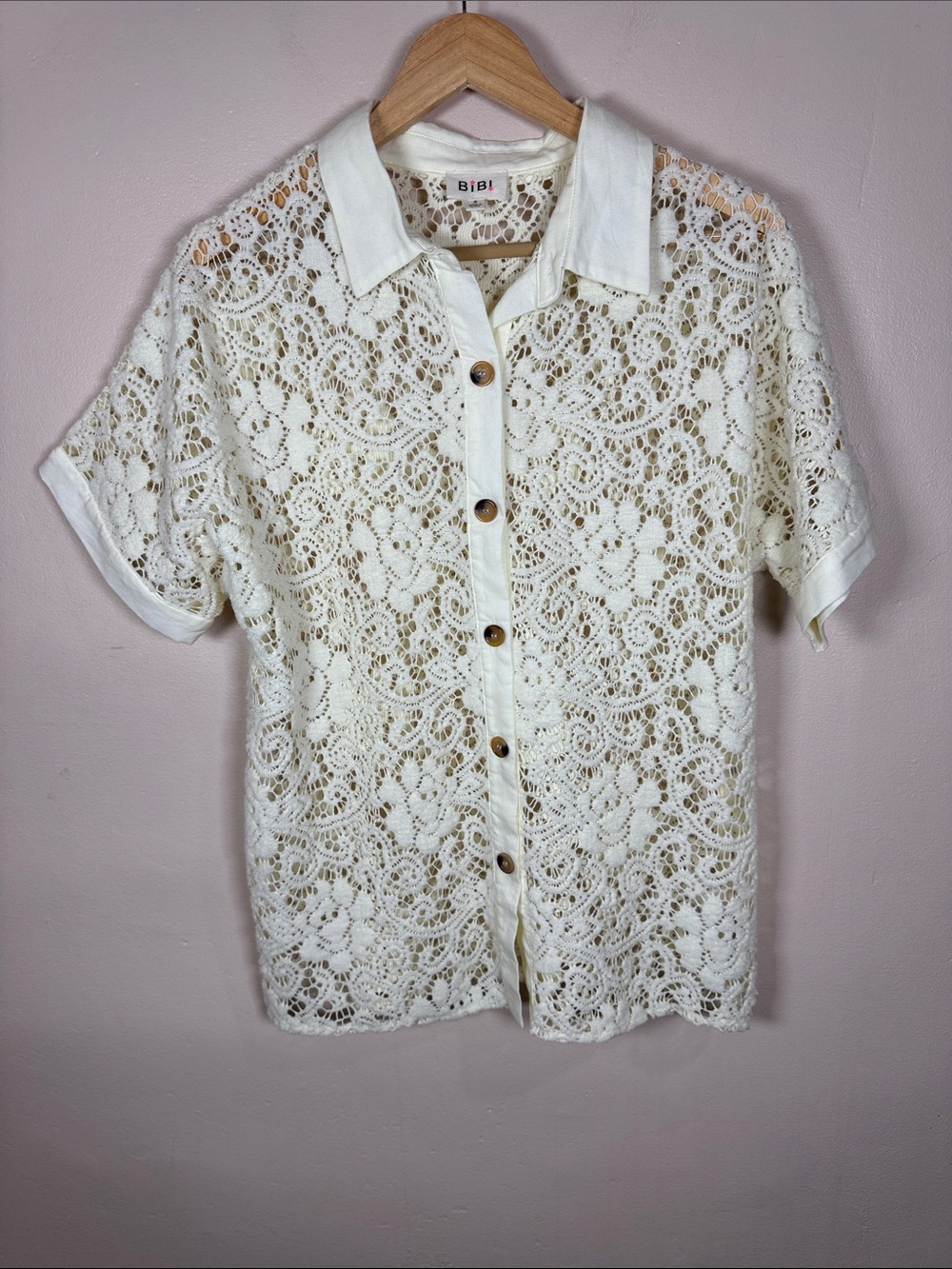 BiBi Womens Cream Lace Button-Down Short Sleeve Blouse S Boho Cottage Coquette